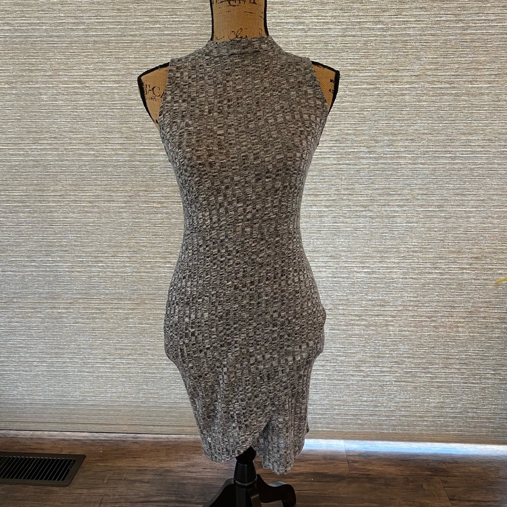 High neckline gray and white dress